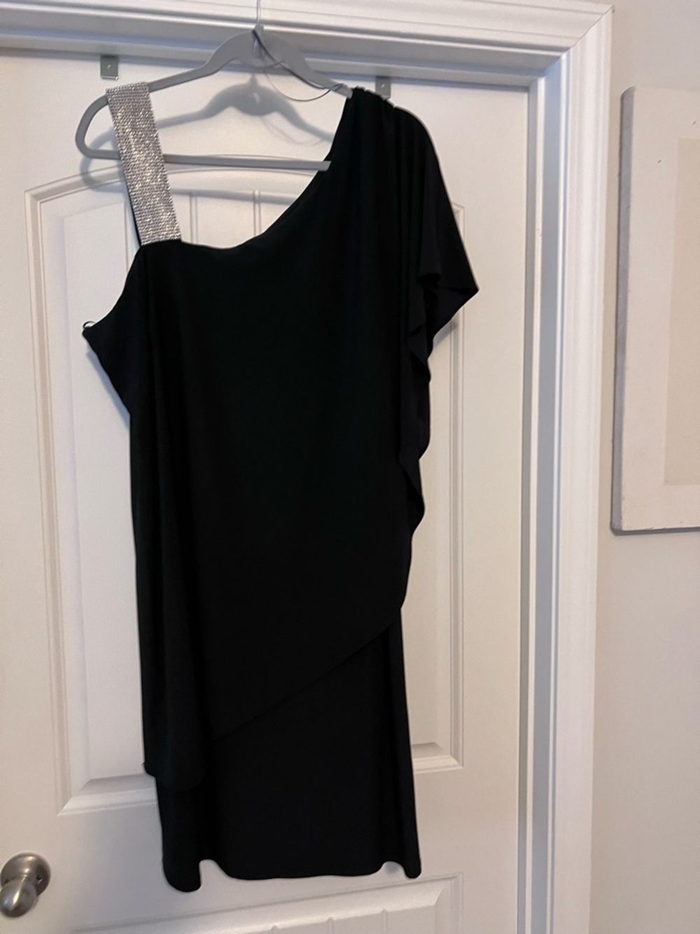 R&M Richards Black One-Shoulder Cocktail Dress with Rhinestone Strap